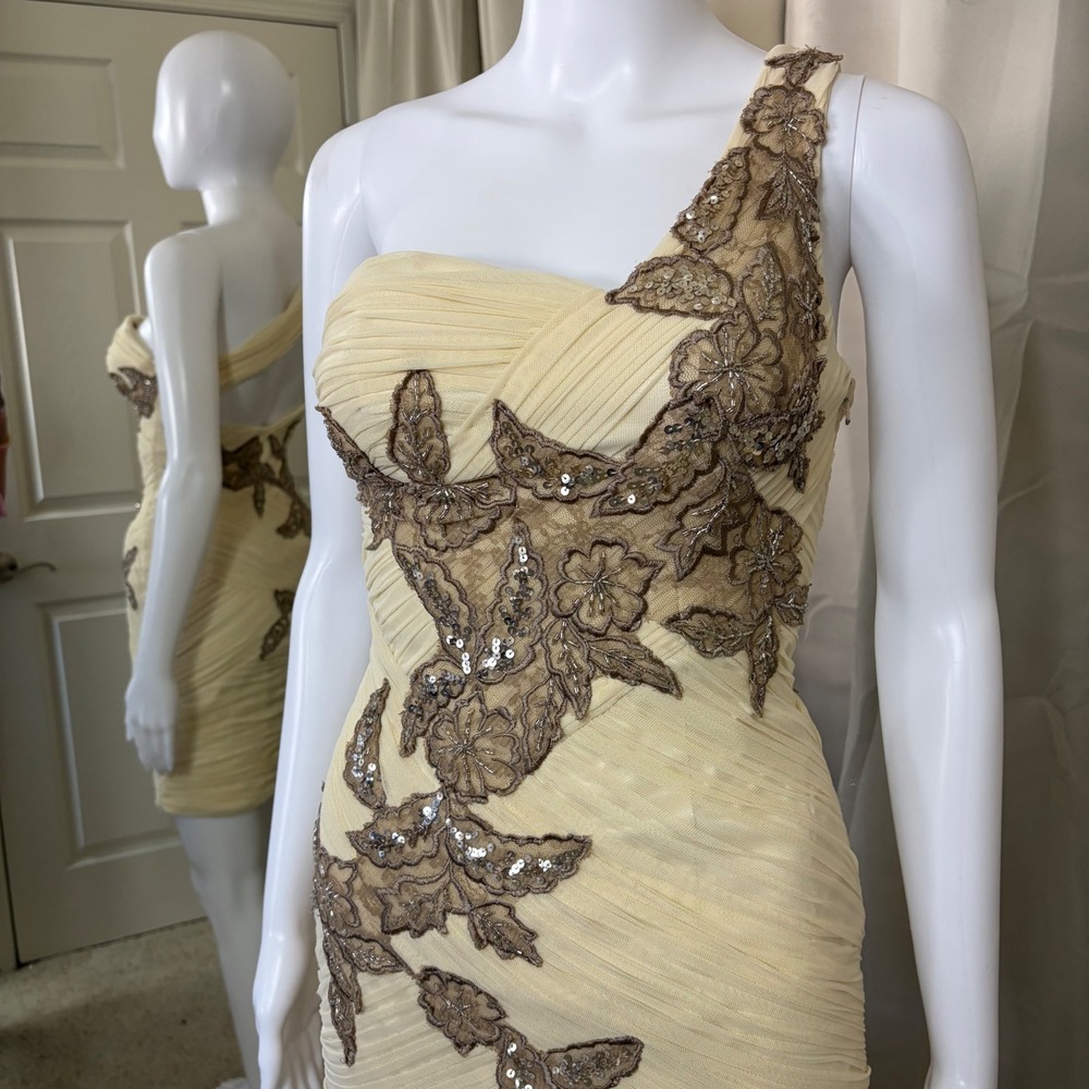 Sue Wong One Shoulder Cream Champagne Sequin Lace Pleated Cocktail Mini Dress - Picture 2 of 9
